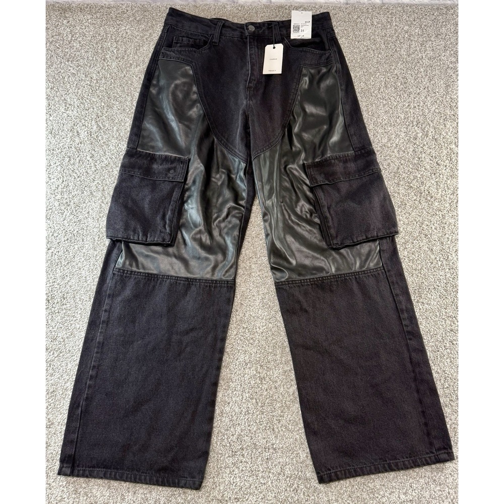 Forever 21 Cargo Pants Black Denim Faux Leather Women's Size 31 Inseam 29 Relax